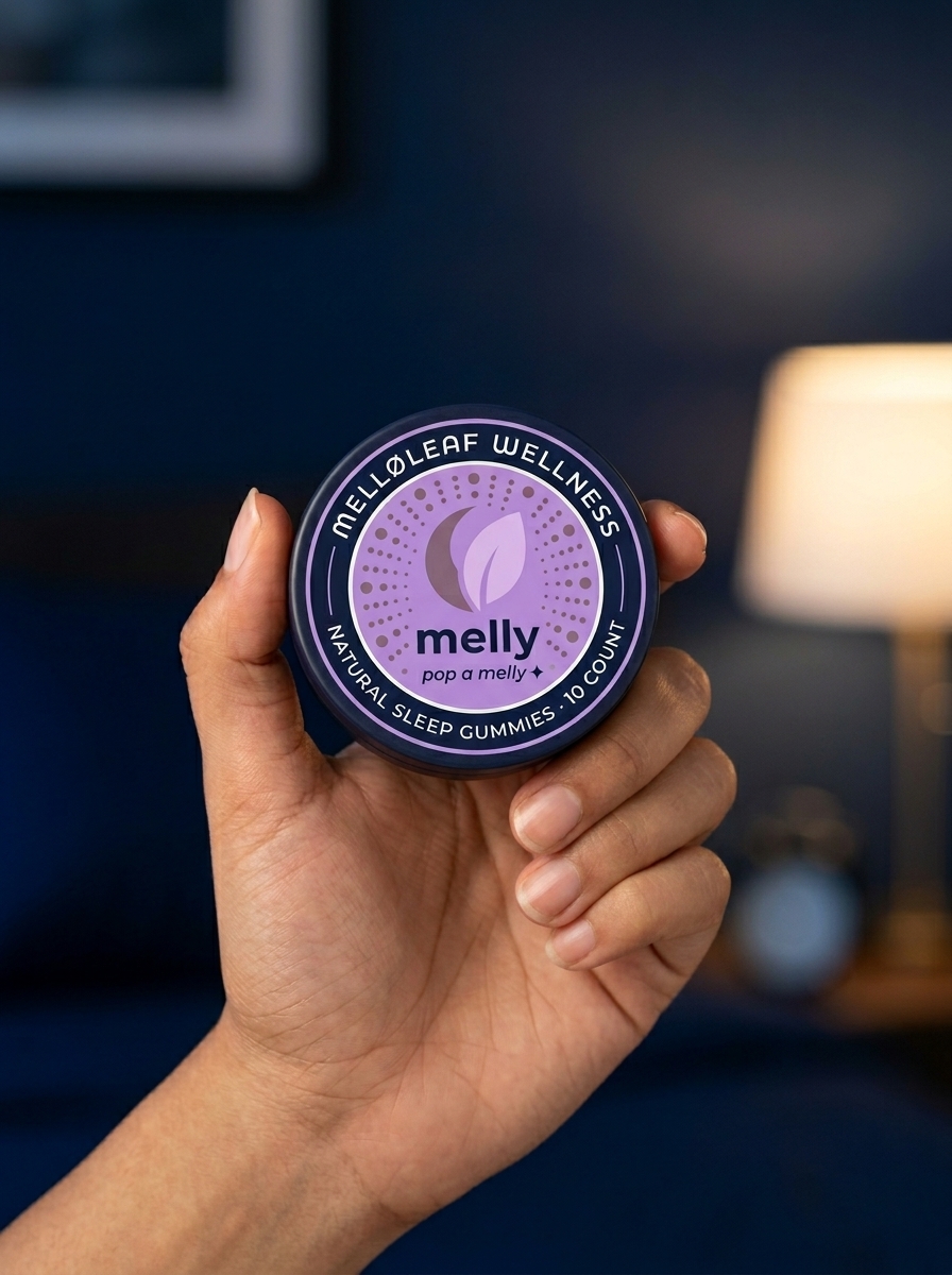 Melly natural sleep gummies on a bedside table